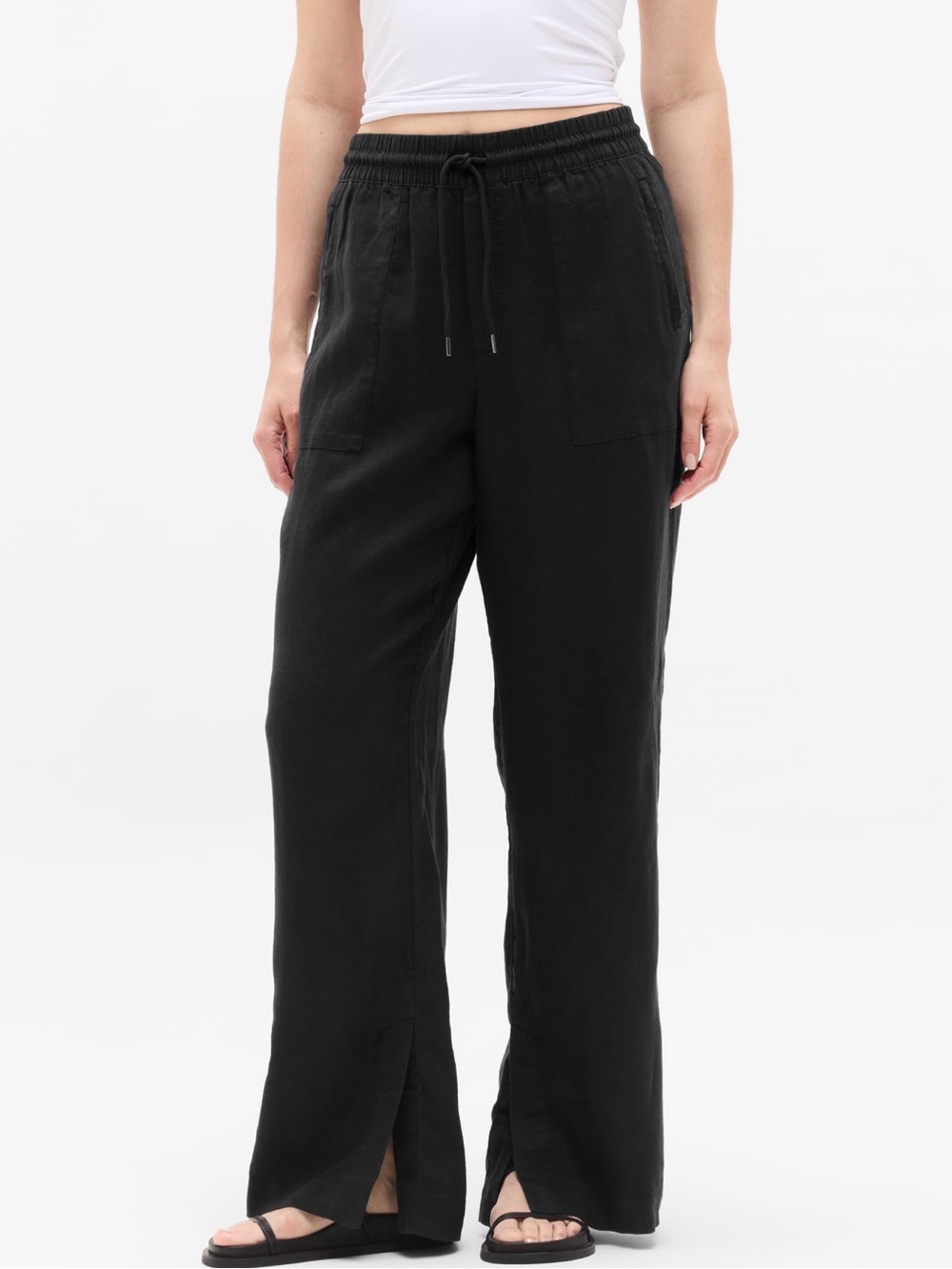 Athleta Retreat Linen High Rise Wide Leg Pants Black Medium 100% Linen